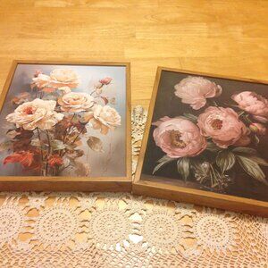 Lovely florals in faux wood frames, pinks to lite peach tones